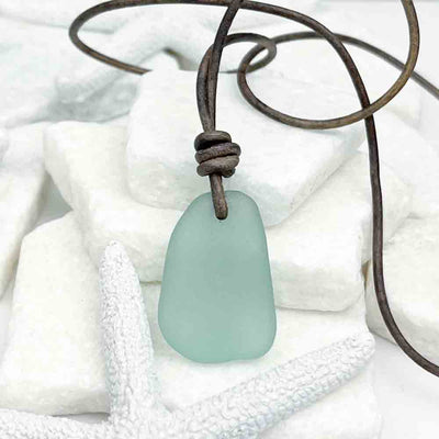 High-Tide Aqua Sea Glass Leather Necklace | Real Sea Glass