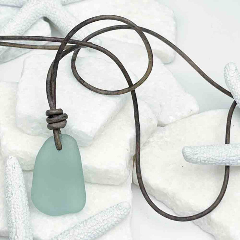 High-Tide Aqua Sea Glass Leather Necklace | Real Sea Glass