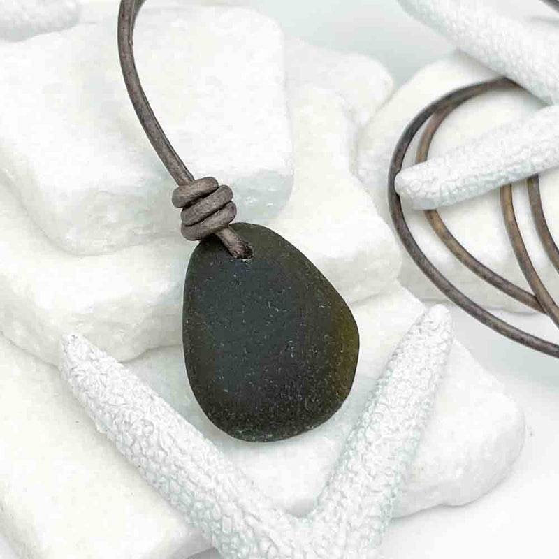 Warm Black Sea Glass Leather Necklace | Real Sea Glass