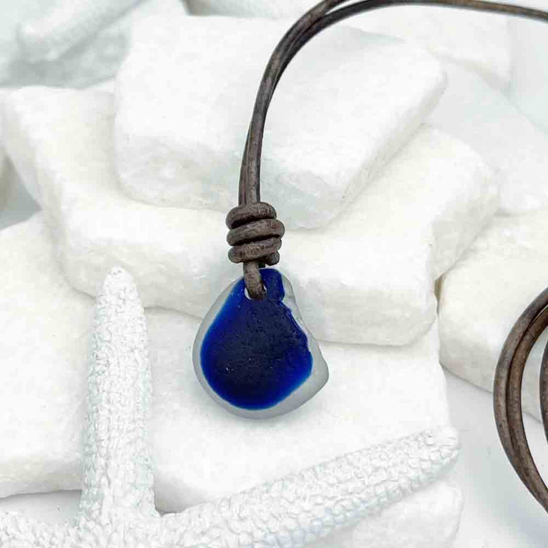 Shark Bite Cobalt Blue English Multi Sea Glass Leather Necklace