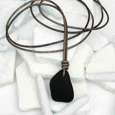 Deep Black Bottle Bottom Sea Glass Leather Necklace | Real Sea Glass