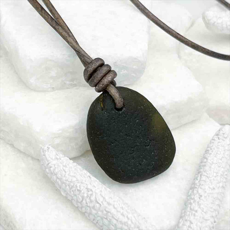 Amber-Tinted Black Sea Glass on a Leather Necklace | Real Sea Glass