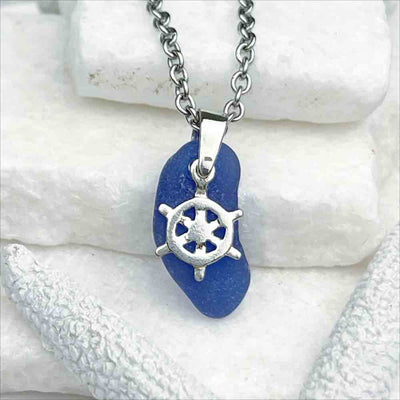 Cobalt Blue Sea Glass Pendant with Sterling Silver Ship's Wheel Charm 