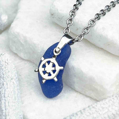 Cobalt Blue Sea Glass Pendant with Sterling Silver Ship's Wheel Charm 