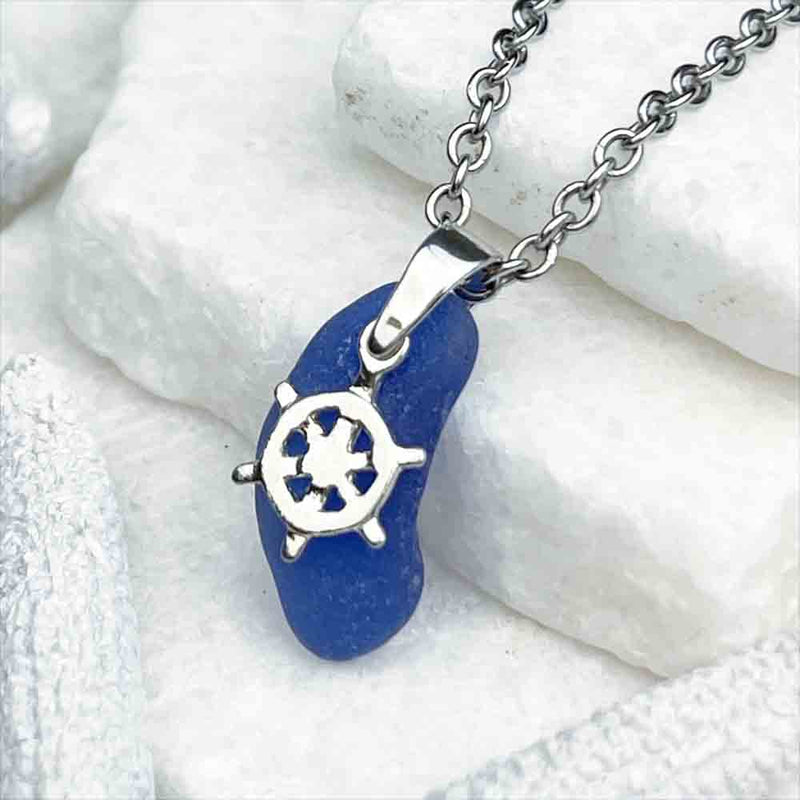 Cobalt Blue Sea Glass Pendant with Sterling Silver Ship&