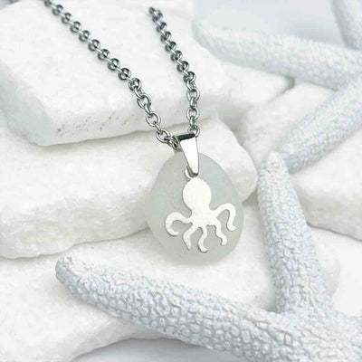 Round, Sandy White Sea Glass Pendant with Octopus Charm