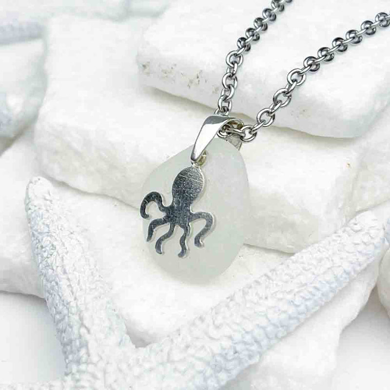 Round, Sandy White Sea Glass Pendant with Octopus Charm