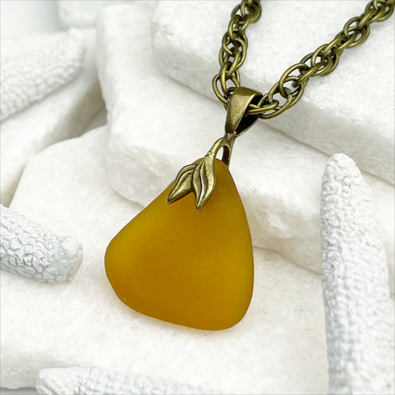 Honey Amber Sea Glass and Bronze Mermaid Tail Bail | Real Sea Glass