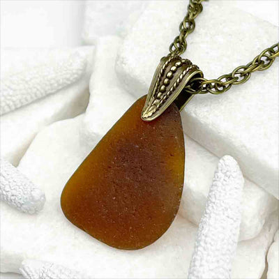 Large Rootbeer Sea Glass Pendant with Bronze Decorative Bail 