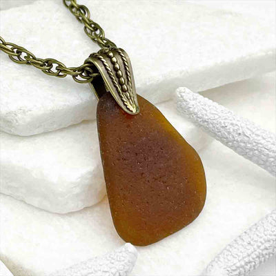 Large Rootbeer Sea Glass Pendant with Bronze Decorative Bail 