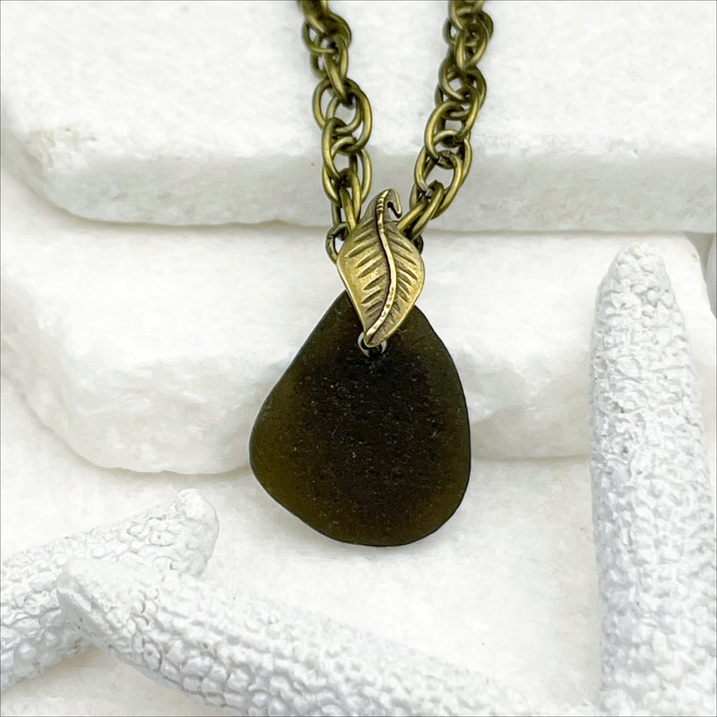 Olive Black Sea Glass Pendant with a Bronze Leaf Bail | Real Sea Glass