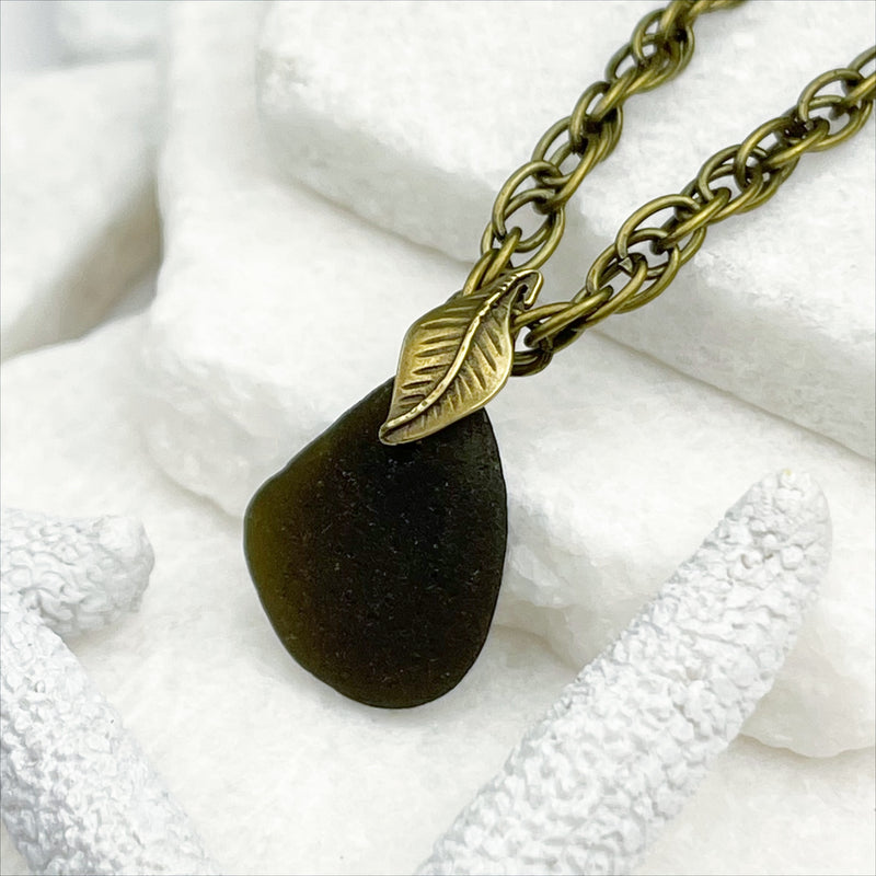 Olive Black Sea Glass Pendant with a Bronze Leaf Bail | Real Sea Glass