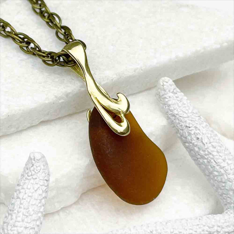 Rootbeer Sea Glass Pendant with Decorative Bronze Bail 