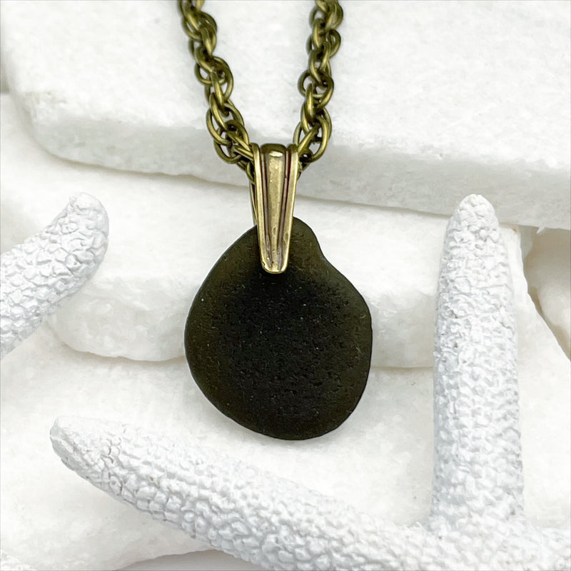 Olive Black Sea Glass Pendant with Bronze Decorative Bail