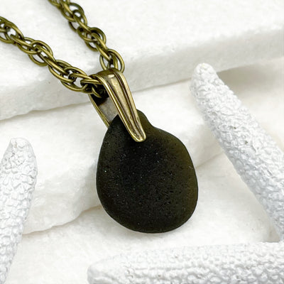 Olive Black Sea Glass Pendant with Bronze Decorative Bail