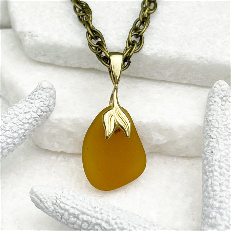 Amber Sea Glass Pendant with Bronze Mermaid Tail