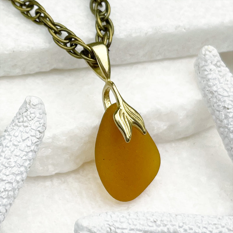 Amber Sea Glass Pendant with Bronze Mermaid Tail