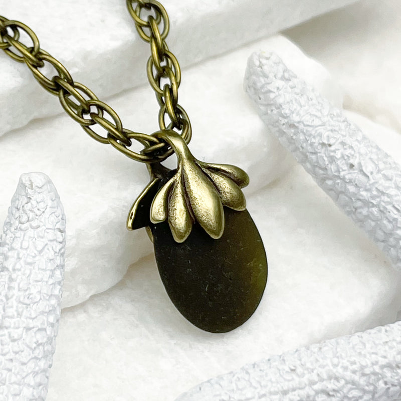 Dark Olive Sea Glass Pendant with Bronze Bail 