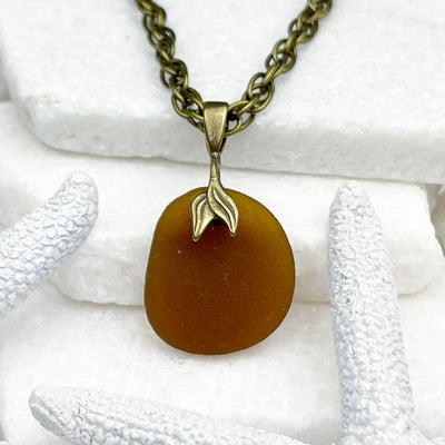 Caramel Rootbeer Sea Glass Pendant with Bronze Mermaid Tail Bail 