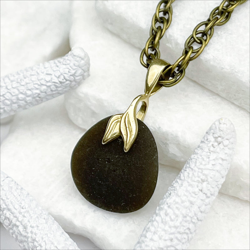 Dark Olive Sea Glass Pendant with Bronze Mermaid Tail