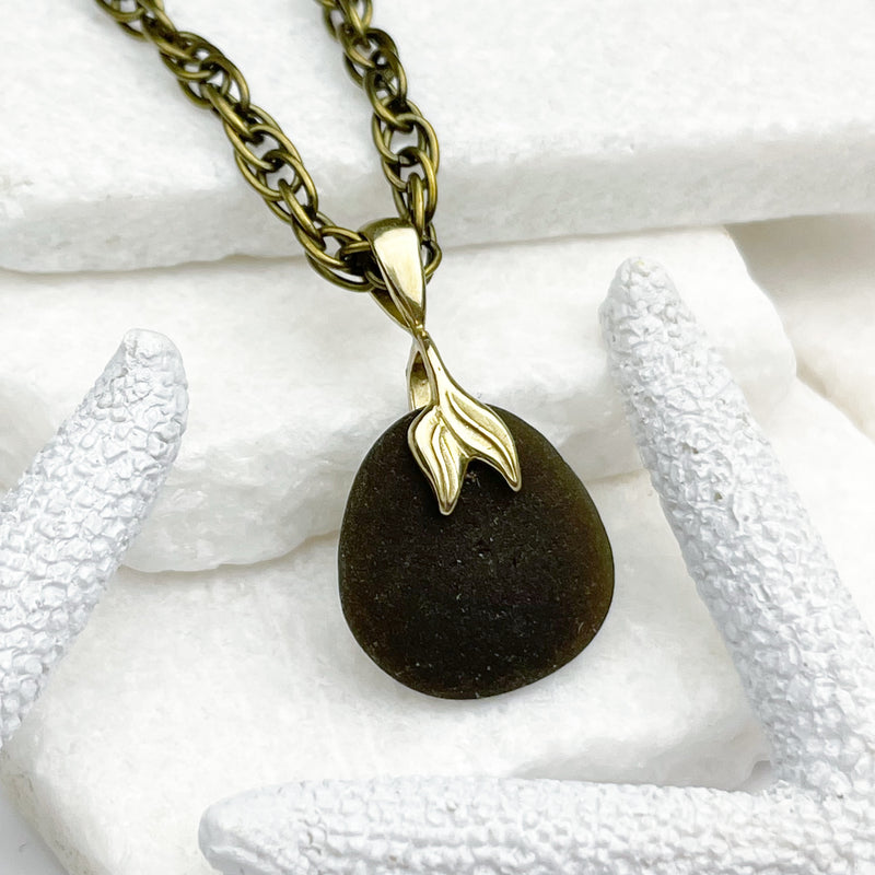 Dark Olive Sea Glass Pendant with Bronze Mermaid Tail