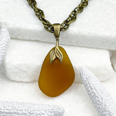 Medicine Bottle Amber Sea Glass Pendant with Bronze Mermaid Tail 