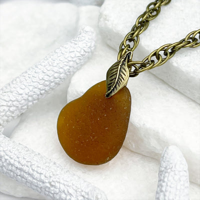 Tumbled Amber Sea Glass Pendant with Bronze Leaf Bail 