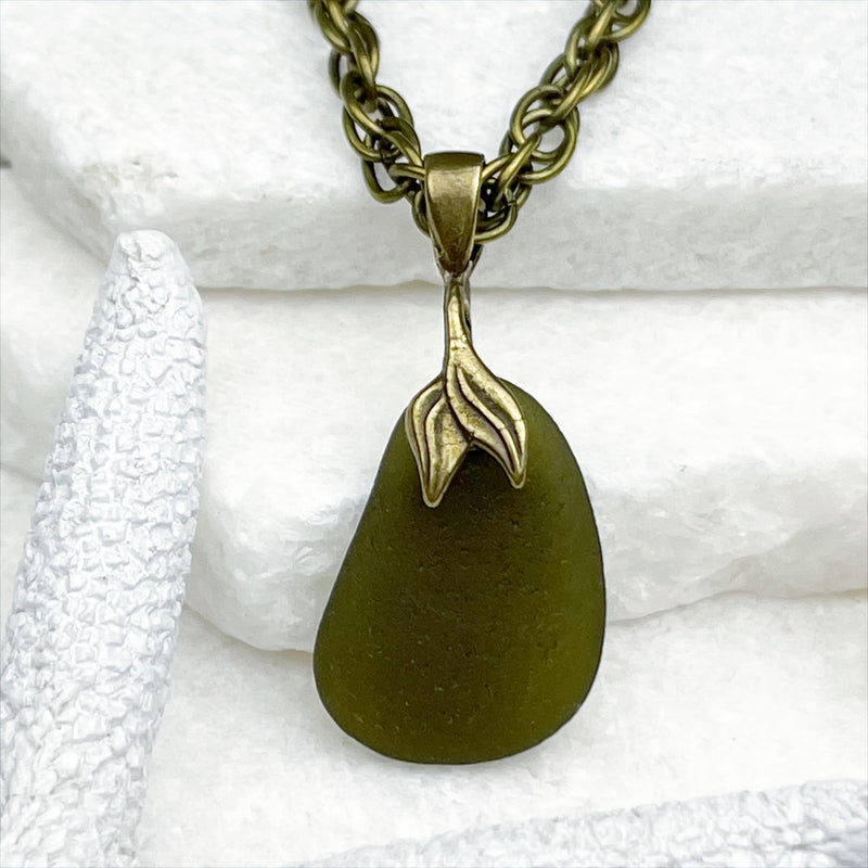 True Olive Sea Glass Pendant with a Bronze Mermaid Tail Bail 