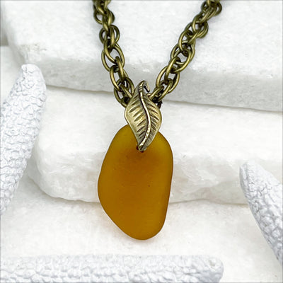 Petite Bright Amber Sea Glass and Bronze Leaf Bail | Real Sea Glass