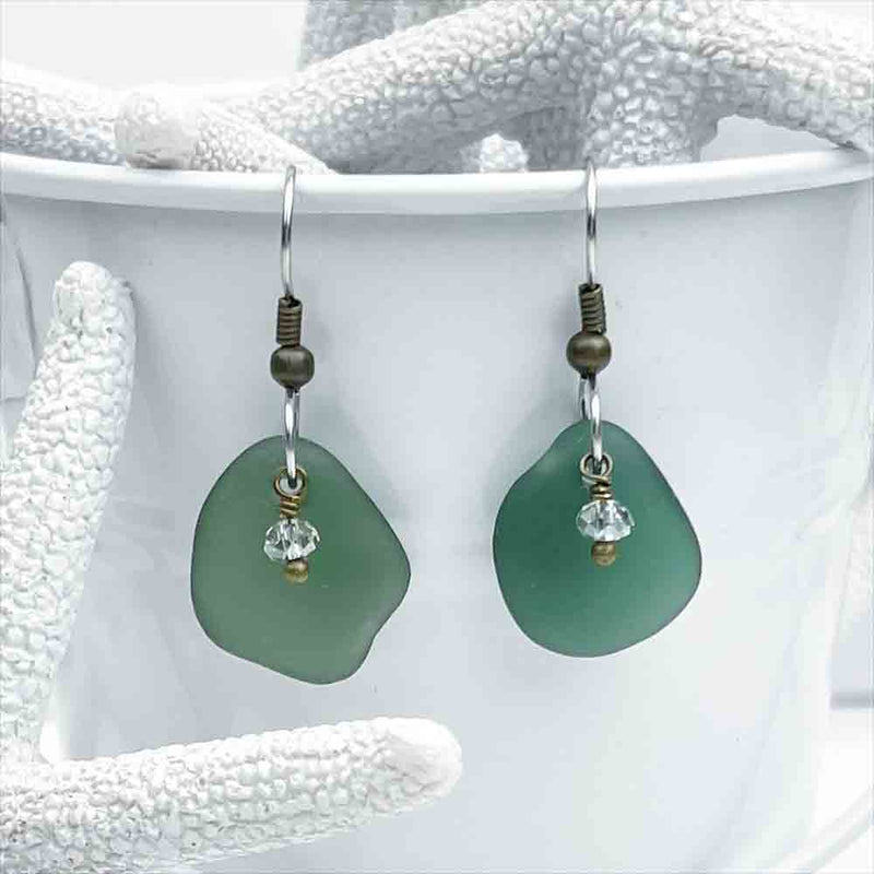 Champagne Bottle Green Sea Glass Earrings with Swarovski Crystal Beads