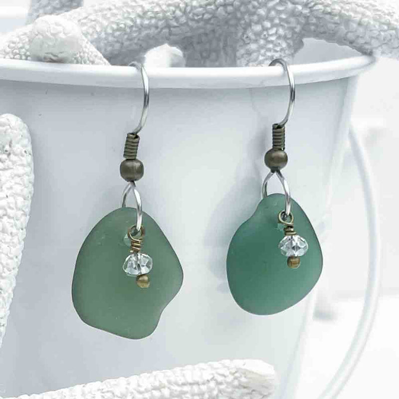 Champagne Bottle Green Sea Glass Earrings with Swarovski Crystal Beads
