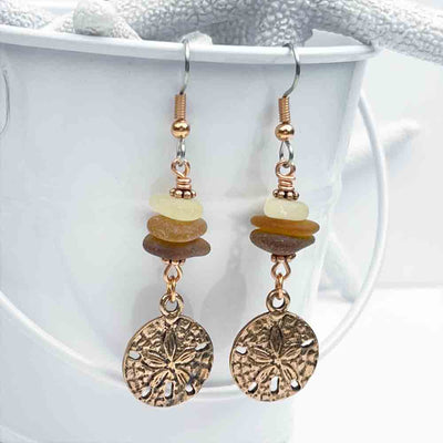 Dangle Earrings with Amber and Rootbeer Sea Glass with Copper Sand Dollar Charms