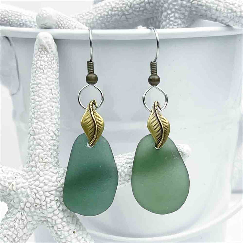 Champagne Green Sea Glass Earrings with Bronze Leaf Bails 