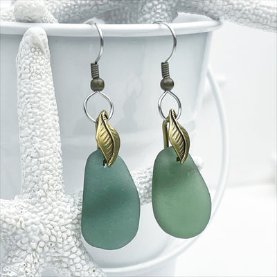 Champagne Green Sea Glass Earrings with Bronze Leaf Bails 