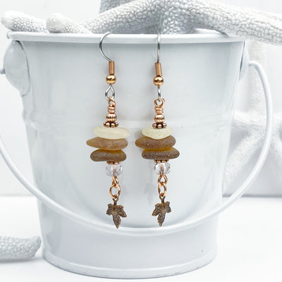 Rootbeer and Amber Sea Glass Earrings with Swarovski Beads and Copper Maple Leaf Charms