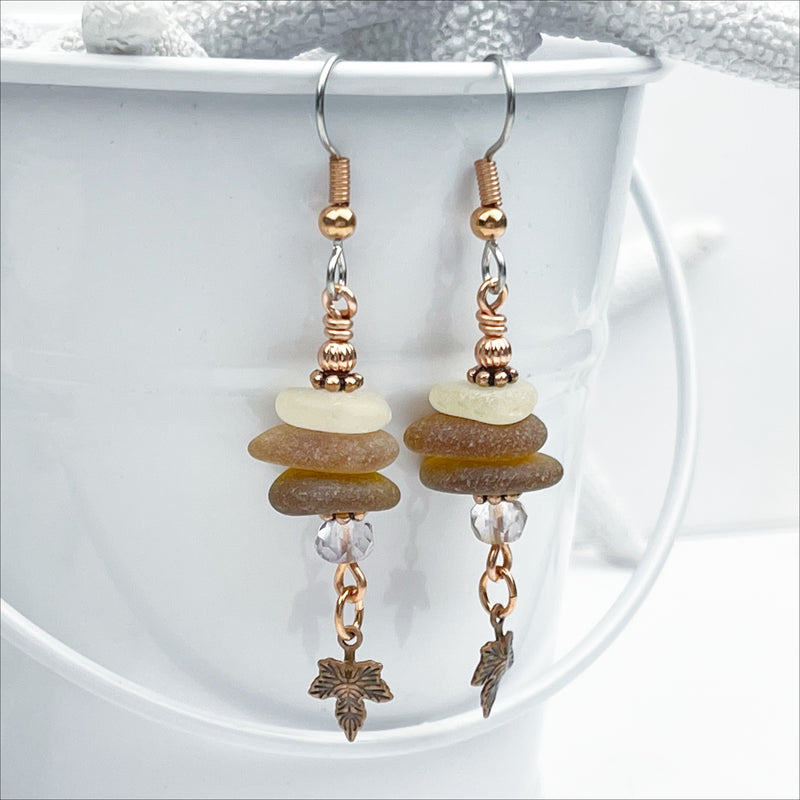 Rootbeer and Amber Sea Glass Earrings with Swarovski Beads and Copper Maple Leaf Charms