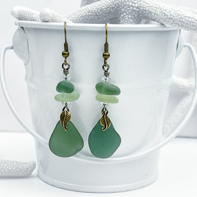 Champagne Green Sea Glass Dangle Earrings with Swarovski and Bronze Leaves