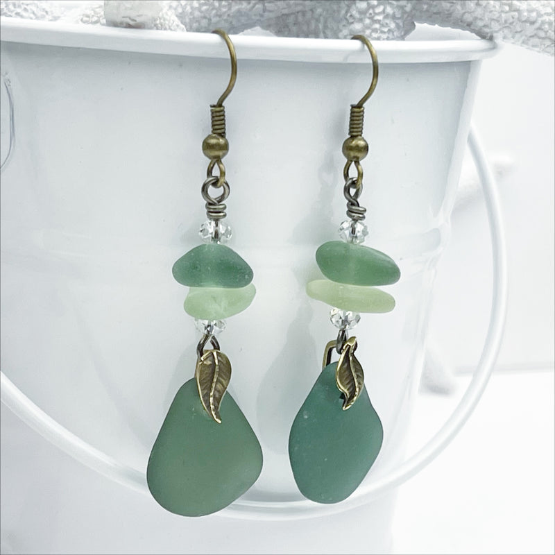 Champagne Green Sea Glass Dangle Earrings with Swarovski and Bronze Leaves