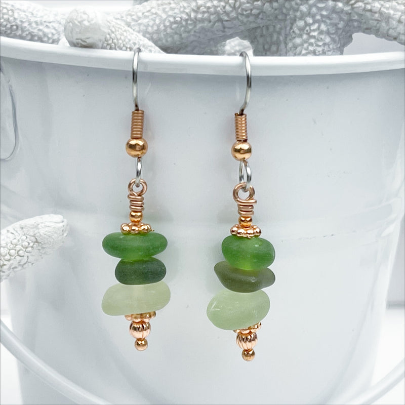 Green Champagne Sea Glass and Copper Earrings | Real Sea Glass