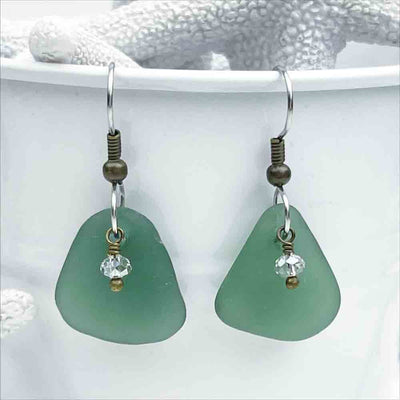 Champagne Green Sea Glass Gumdrop and Swarovski Crystal Earrings