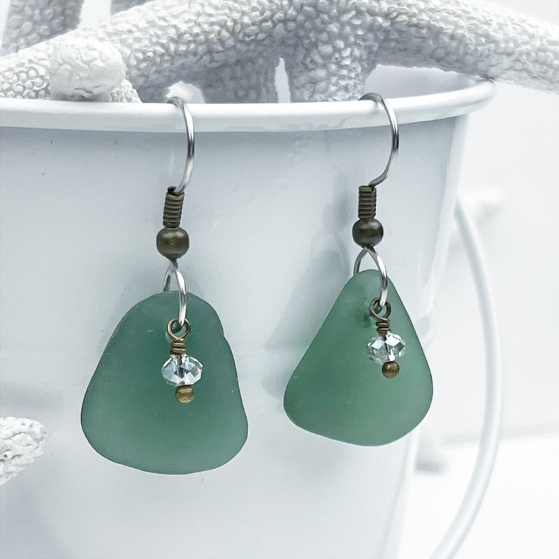Champagne Green Sea Glass Gumdrop and Swarovski Crystal Earrings