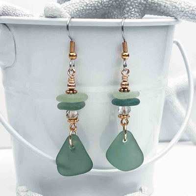 Celebratory Champagne Green Sea Glass and Swarovski Dangle Earrings 