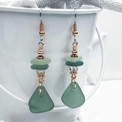 White Genuine Sea Glass Earrings On Gold With Shell Charms (GFE23-20)