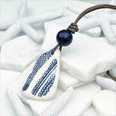 Royal Blue and White Sea Shard and Stormy Blue Sodalite Leather Necklace