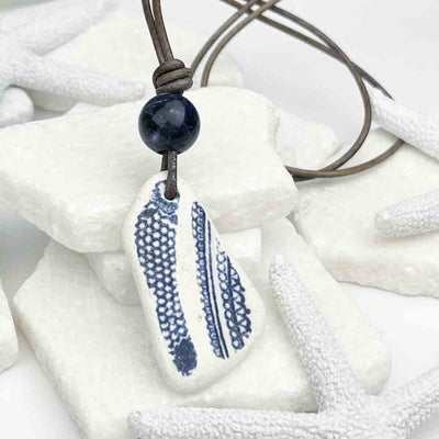 Royal Blue and White Sea Shard and Stormy Blue Sodalite Leather Necklace
