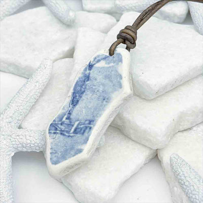 Light Blue and White Vintage Dinnerware Sea Pottery Shard Leather Necklace