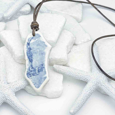 Light Blue and White Vintage Dinnerware Sea Pottery Shard Leather Necklace
