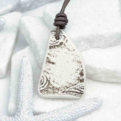 Neutral Cocoa Brown Printed Sea Pottery Shard Leather Necklace 