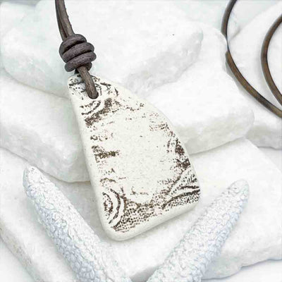 Neutral Cocoa Brown Printed Sea Pottery Shard Leather Necklace 