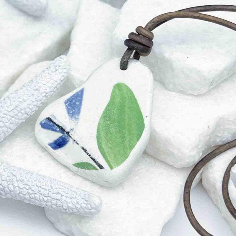 Hand-Made Green and Cobalt Sea Pottery Shard Leather Necklace